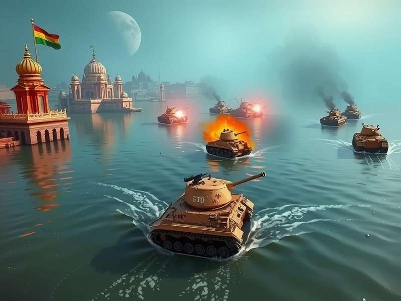 Ganga Tank Commander gameplay screenshot showing tanks battling on Ganges River